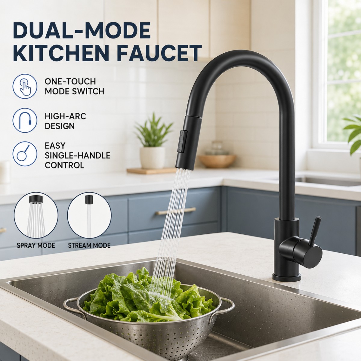 Commercial Kitchen Faucet - صنبور مطبخ أسود بوظيفتين، مقبض واحد